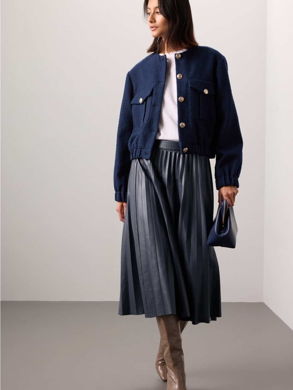 Navy Textured Button Jacket with Navy Pleated Midi Skirt - Picture 4 of 11